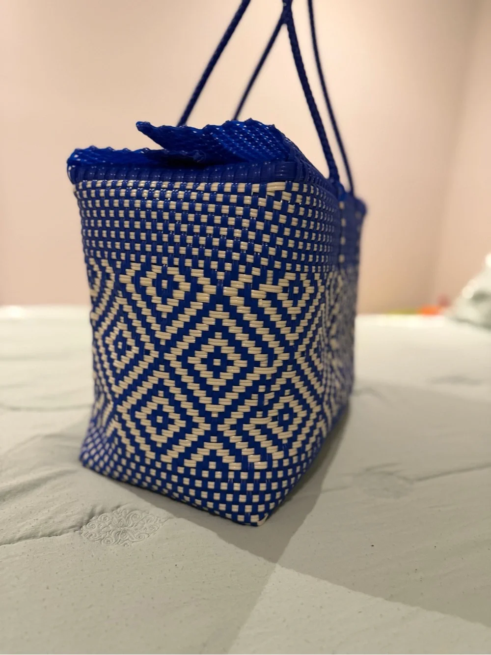 Maria Victoria Blue and Cream Woven Tote with Tassel Charm